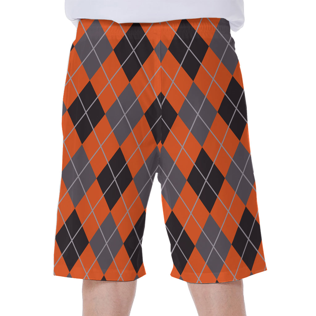Orange And Grey Halloween Argyle Print Men's Beach Shorts