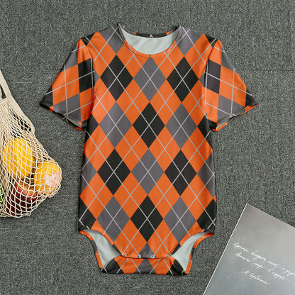 Orange And Grey Halloween Argyle Print Men's Bodysuit