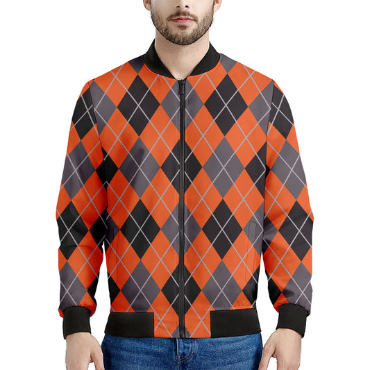 Orange And Grey Halloween Argyle Print Men's Bomber Jacket