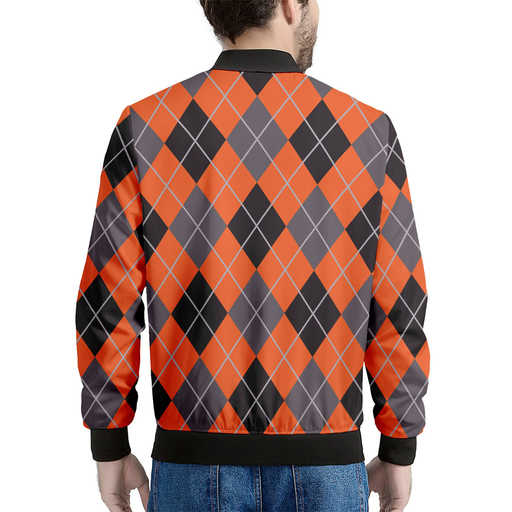 Orange And Grey Halloween Argyle Print Men's Bomber Jacket