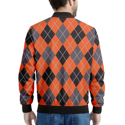 Orange And Grey Halloween Argyle Print Men's Bomber Jacket