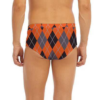 Orange And Grey Halloween Argyle Print Men's Briefs
