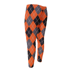 Orange And Grey Halloween Argyle Print Men's Compression Pants