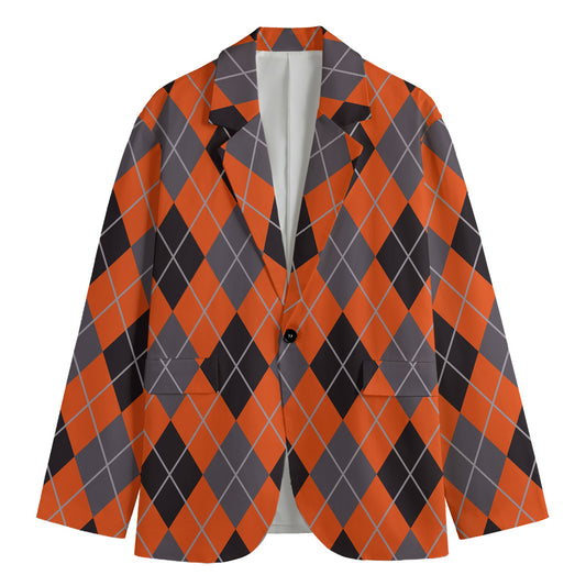 Orange And Grey Halloween Argyle Print Men's Cotton Blazer