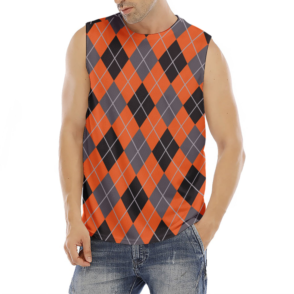 Orange And Grey Halloween Argyle Print Men's Fitness Tank Top