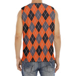 Orange And Grey Halloween Argyle Print Men's Fitness Tank Top