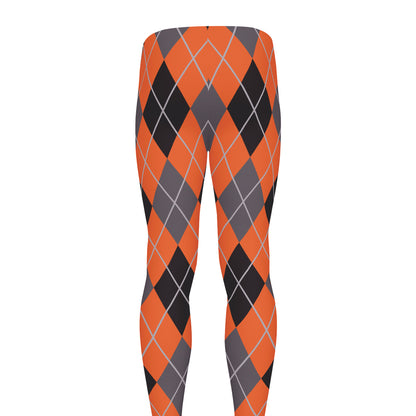 Orange And Grey Halloween Argyle Print Men's leggings