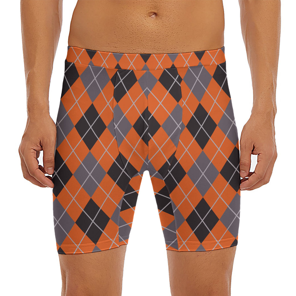 Orange And Grey Halloween Argyle Print Men's Long Boxer Briefs