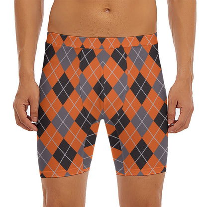 Orange And Grey Halloween Argyle Print Men's Long Boxer Briefs