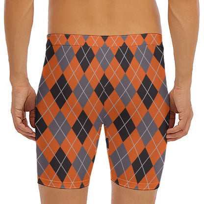 Orange And Grey Halloween Argyle Print Men's Long Boxer Briefs