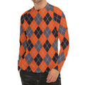 Orange And Grey Halloween Argyle Print Men's Long Sleeve Rash Guard