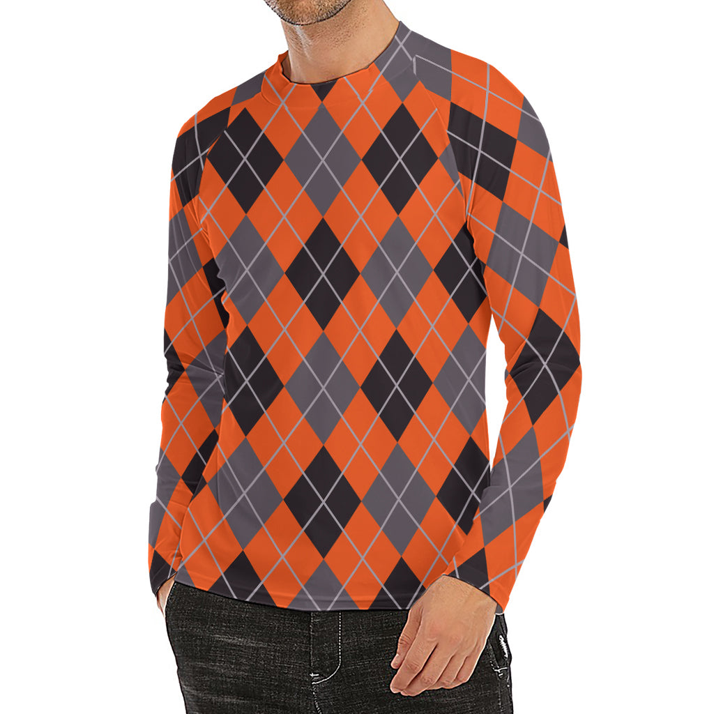 Orange And Grey Halloween Argyle Print Men's Long Sleeve Rash Guard
