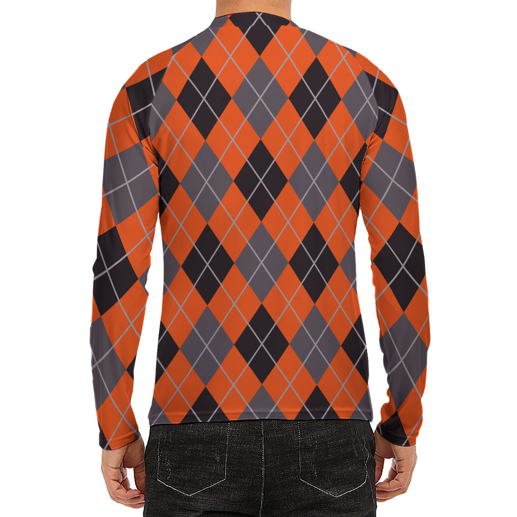 Orange And Grey Halloween Argyle Print Men's Long Sleeve Rash Guard