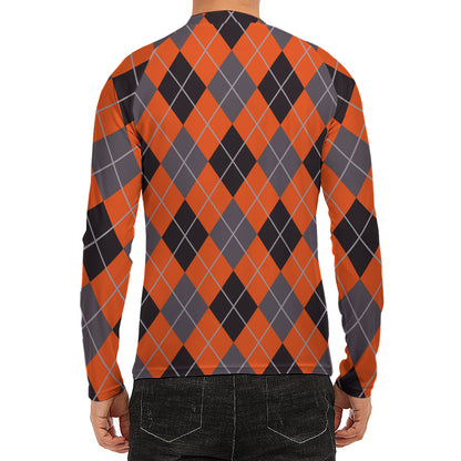 Orange And Grey Halloween Argyle Print Men's Long Sleeve Rash Guard