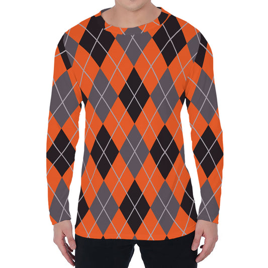 Orange And Grey Halloween Argyle Print Men's Long Sleeve T-Shirt