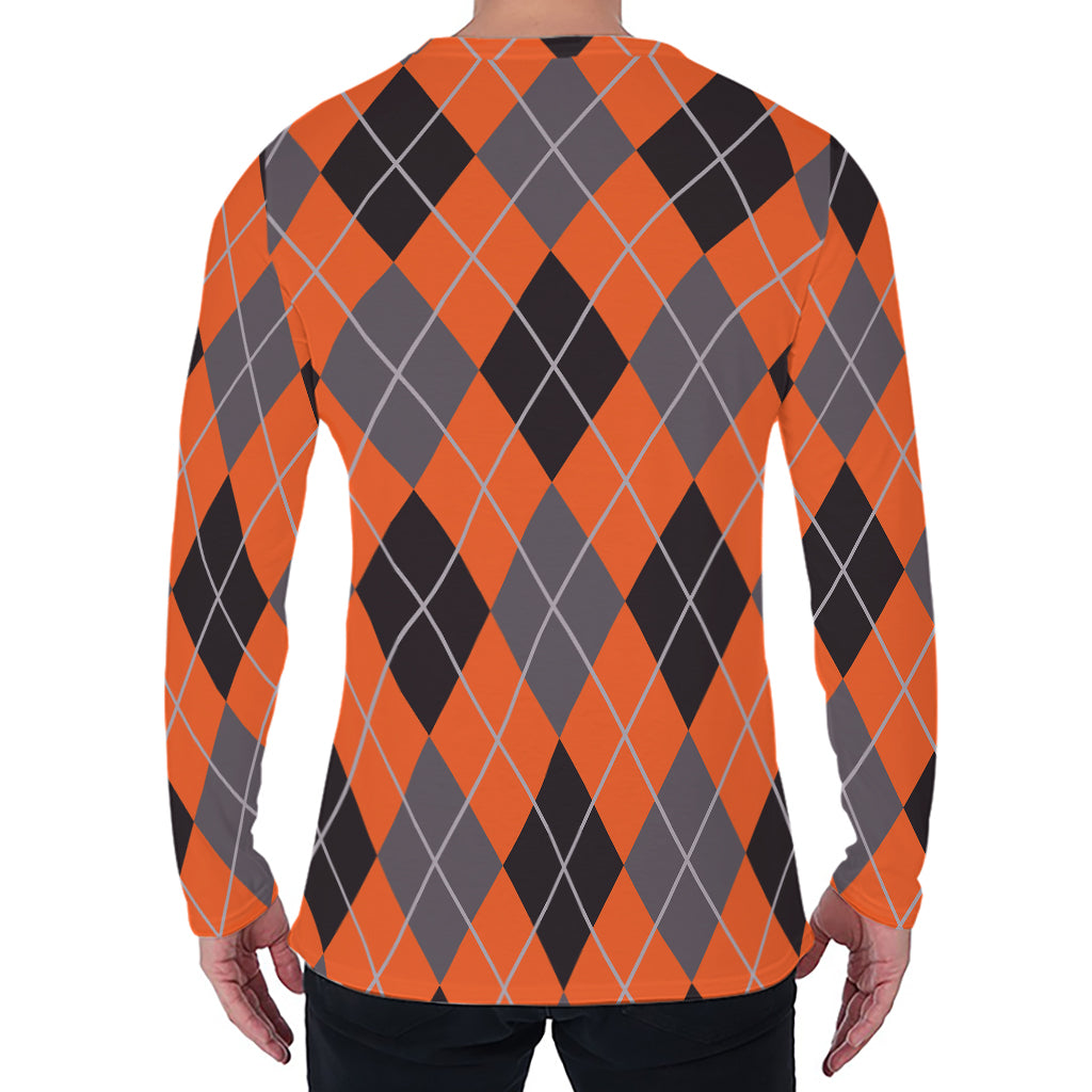 Orange And Grey Halloween Argyle Print Men's Long Sleeve T-Shirt