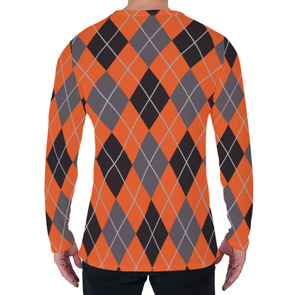 Orange And Grey Halloween Argyle Print Men's Long Sleeve T-Shirt