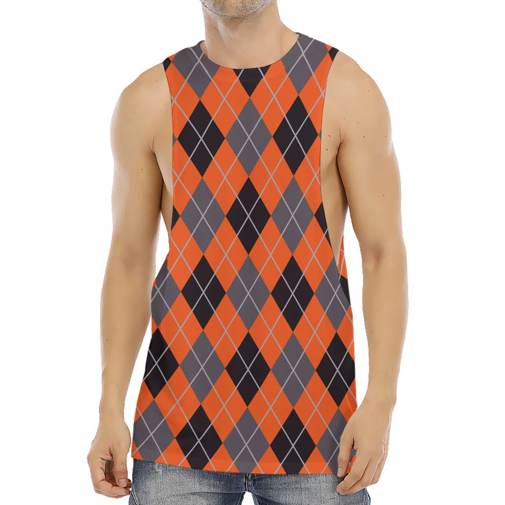 Orange And Grey Halloween Argyle Print Men's Muscle Tank Top