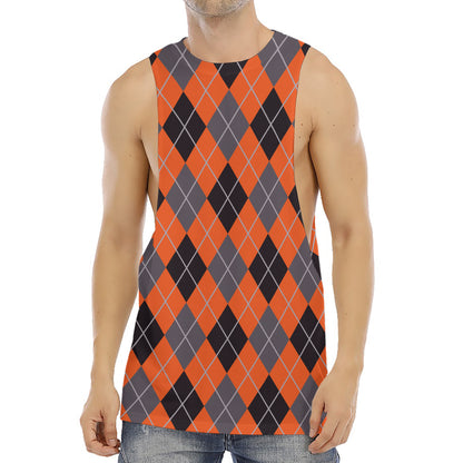 Orange And Grey Halloween Argyle Print Men's Muscle Tank Top