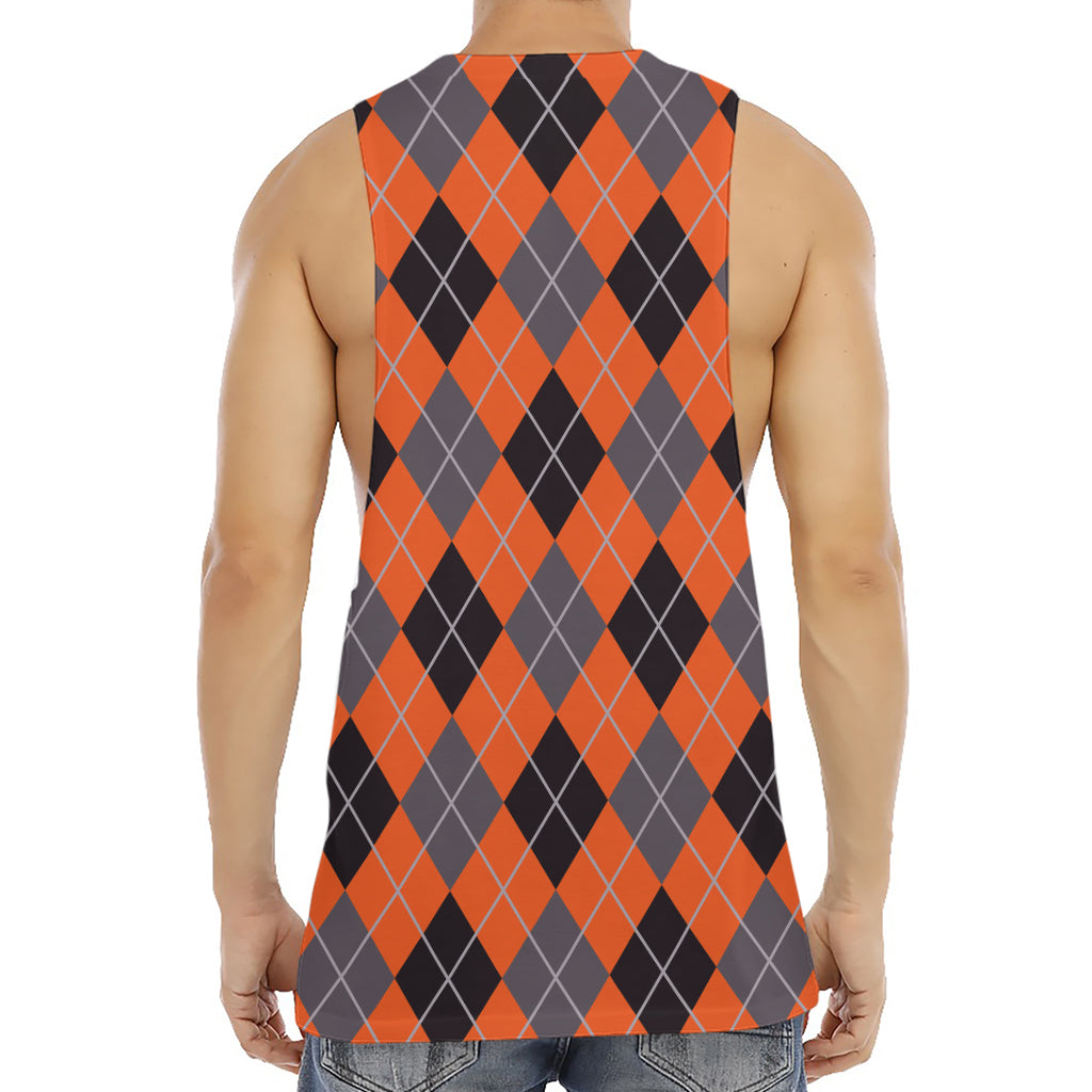 Orange And Grey Halloween Argyle Print Men's Muscle Tank Top