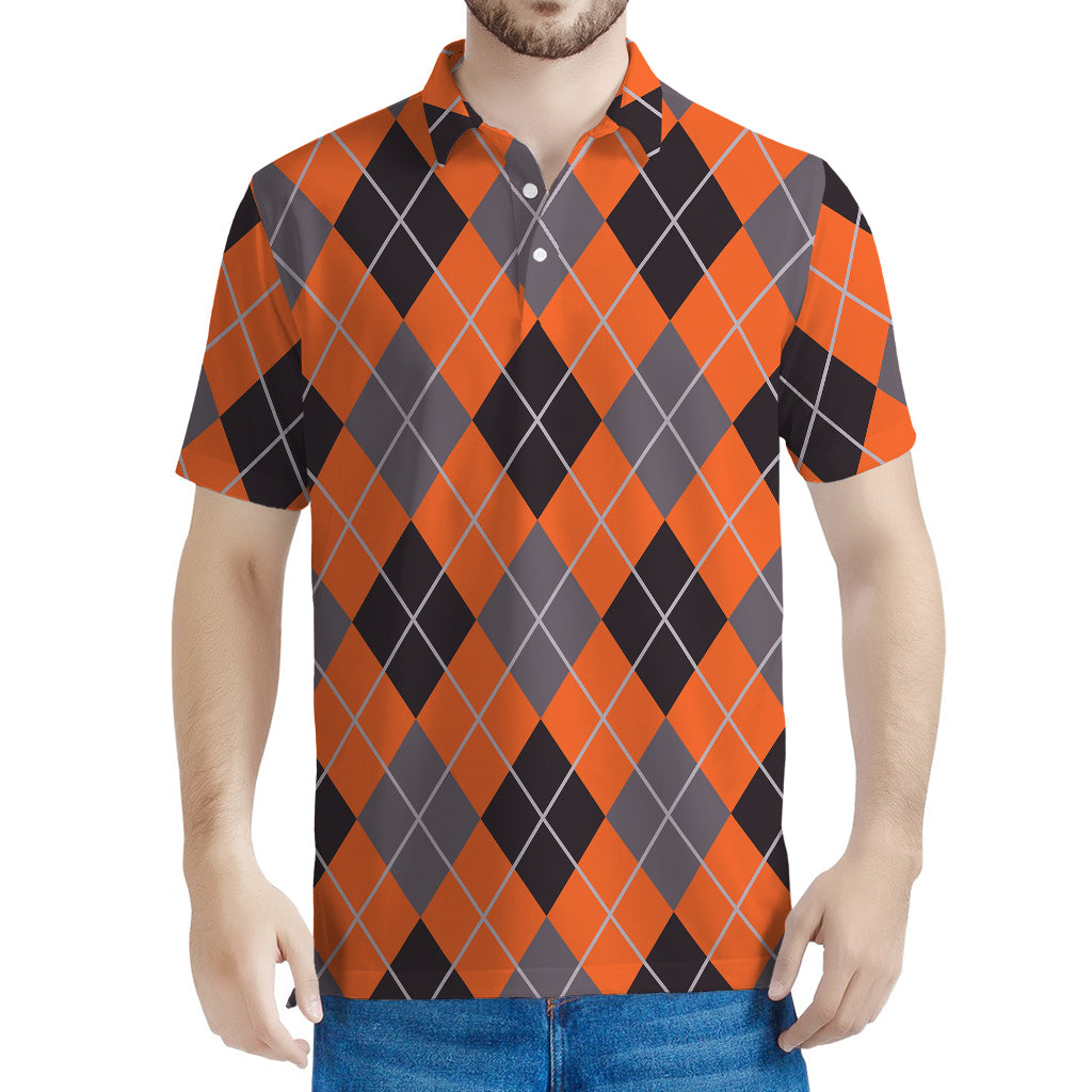 Orange And Grey Halloween Argyle Print Men's Polo Shirt