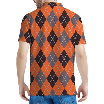 Orange And Grey Halloween Argyle Print Men's Polo Shirt