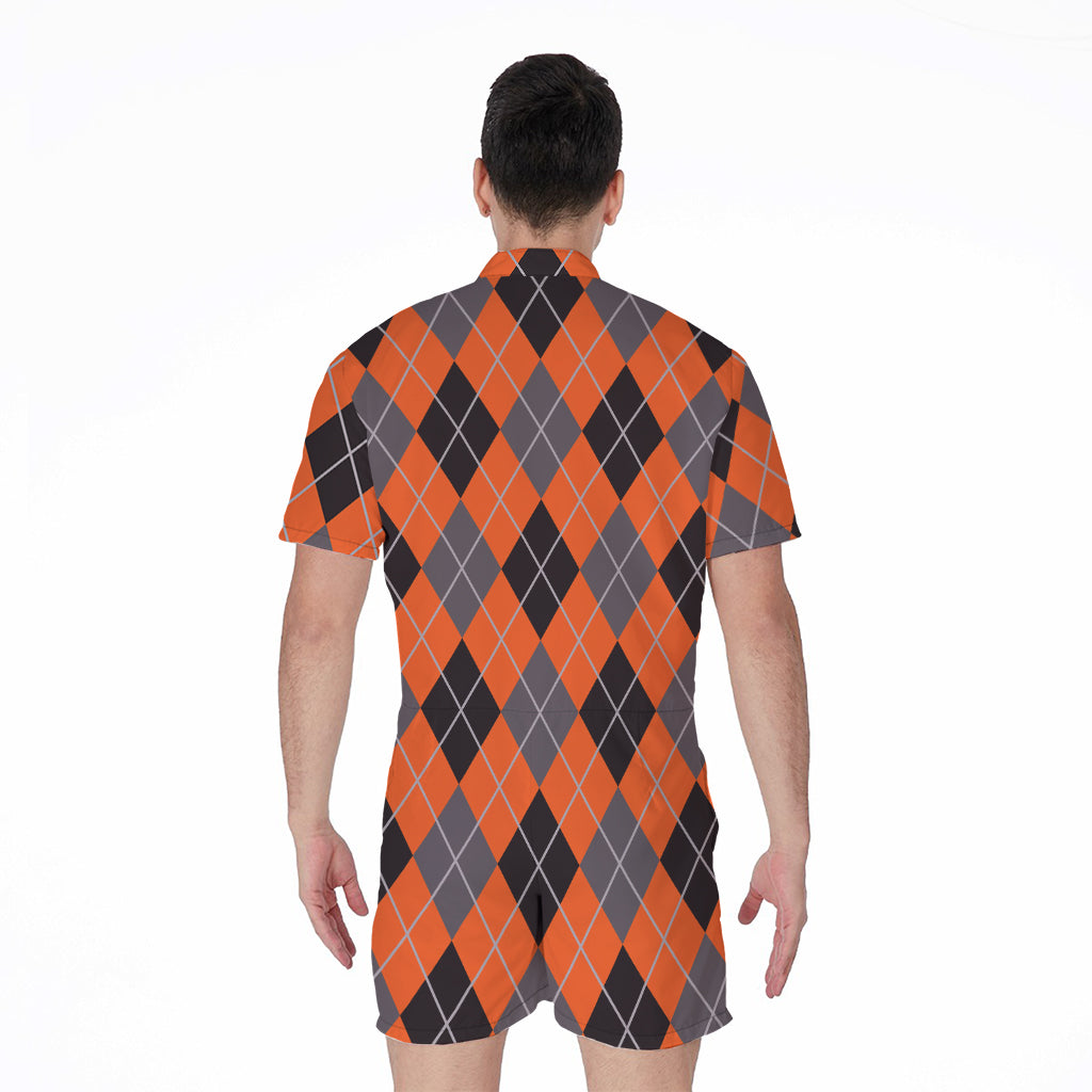 Orange And Grey Halloween Argyle Print Men's Rompers