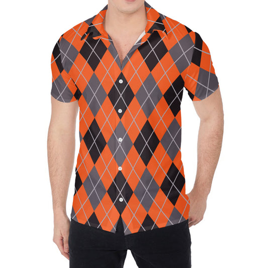 Orange And Grey Halloween Argyle Print Men's Shirt