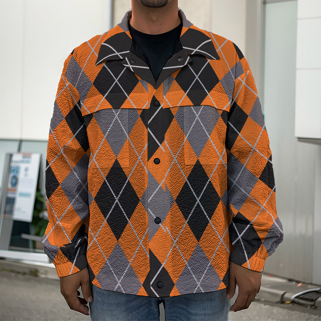 Orange And Grey Halloween Argyle Print Men's Shirt Jacket