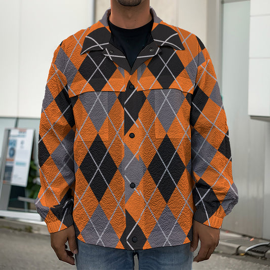 Orange And Grey Halloween Argyle Print Men's Shirt Jacket