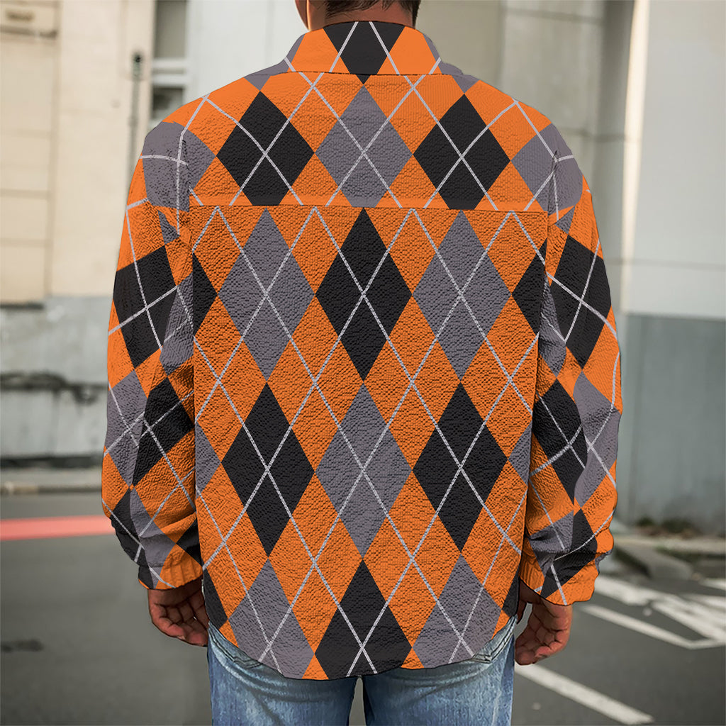 Orange And Grey Halloween Argyle Print Men's Shirt Jacket