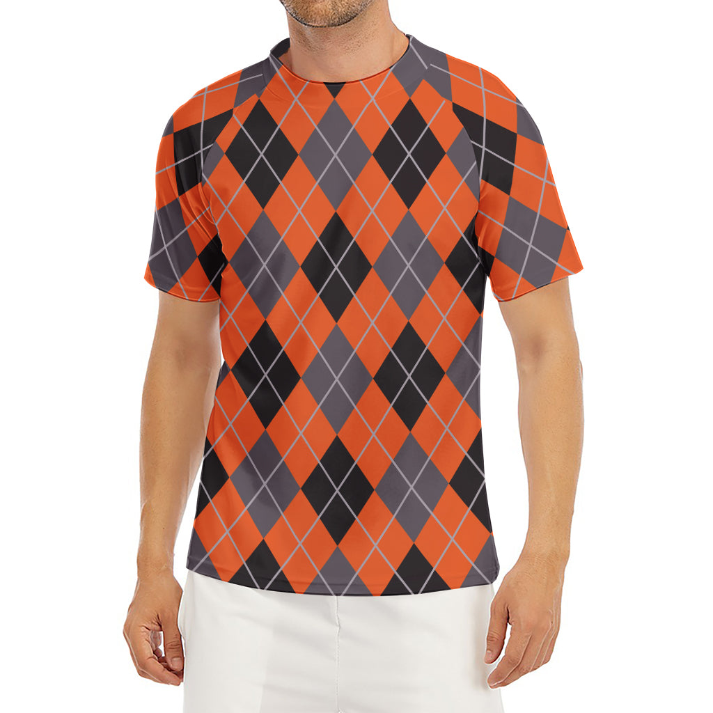 Orange And Grey Halloween Argyle Print Men's Short Sleeve Rash Guard