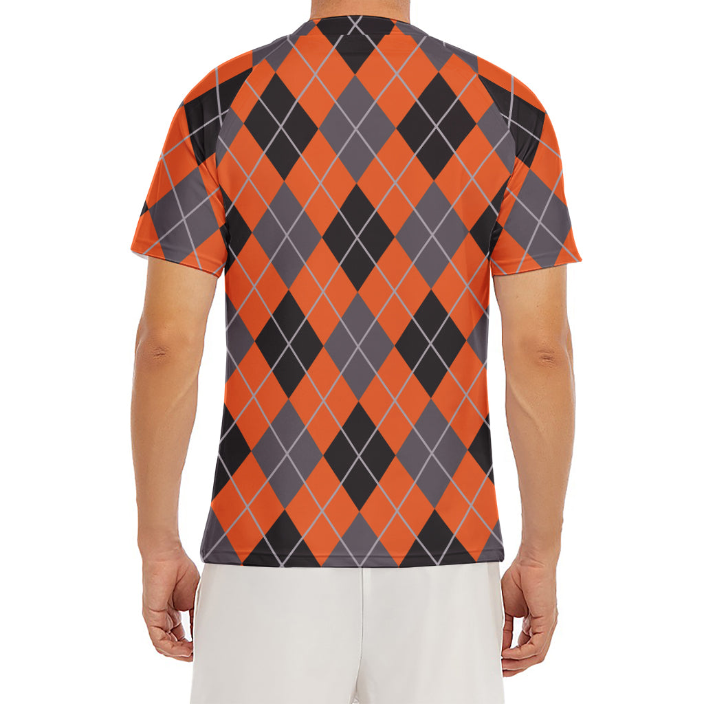 Orange And Grey Halloween Argyle Print Men's Short Sleeve Rash Guard