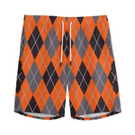 Orange And Grey Halloween Argyle Print Men's Sports Shorts