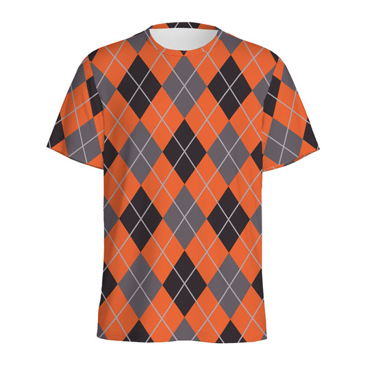 Orange And Grey Halloween Argyle Print Men's Sports T-Shirt