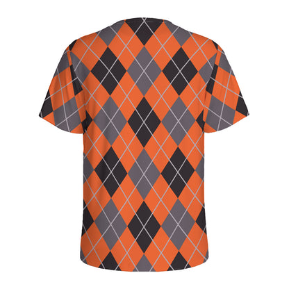 Orange And Grey Halloween Argyle Print Men's Sports T-Shirt