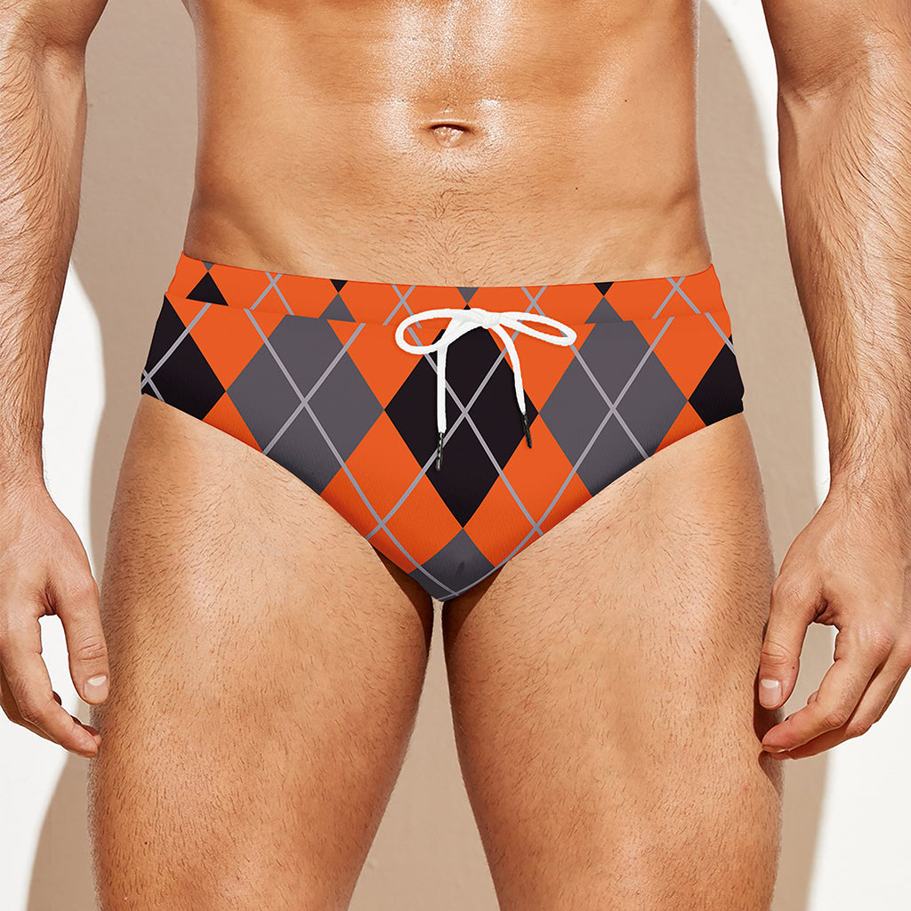 Orange And Grey Halloween Argyle Print Men's Swim Briefs