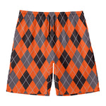 Orange And Grey Halloween Argyle Print Men's Swim Trunks
