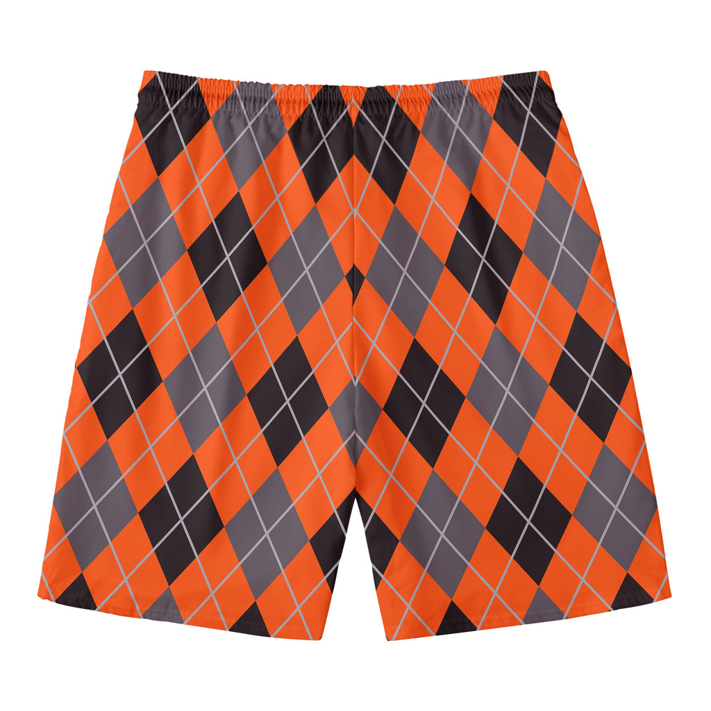 Orange And Grey Halloween Argyle Print Men's Swim Trunks