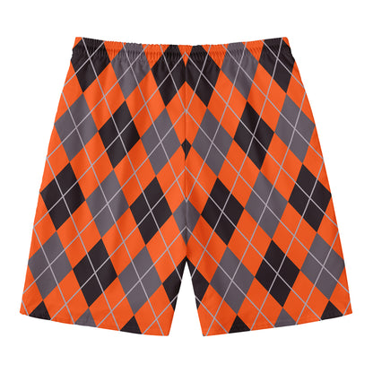 Orange And Grey Halloween Argyle Print Men's Swim Trunks