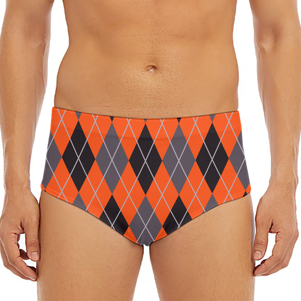 Orange And Grey Halloween Argyle Print Men's Triangle Swim Briefs
