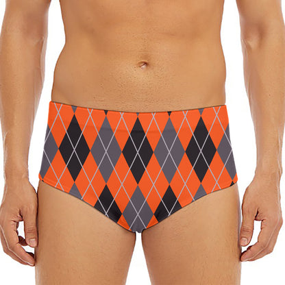 Orange And Grey Halloween Argyle Print Men's Triangle Swim Briefs