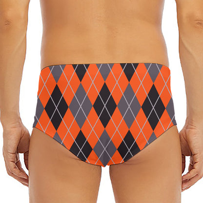 Orange And Grey Halloween Argyle Print Men's Triangle Swim Briefs