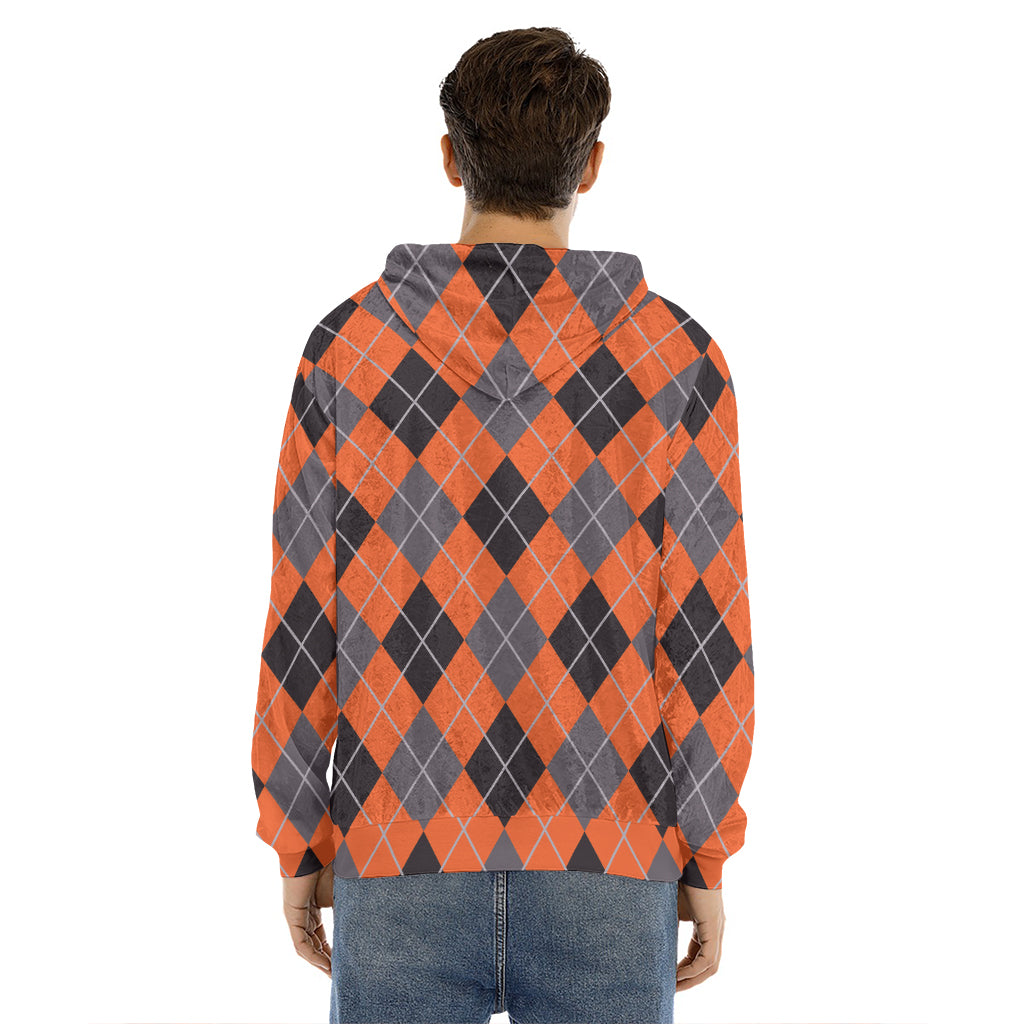 Orange And Grey Halloween Argyle Print Men's Velvet Pullover Hoodie