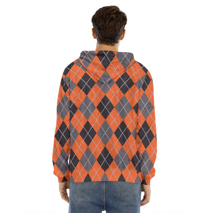 Orange And Grey Halloween Argyle Print Men's Velvet Pullover Hoodie