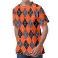 Orange And Grey Halloween Argyle Print Men's Velvet T-Shirt