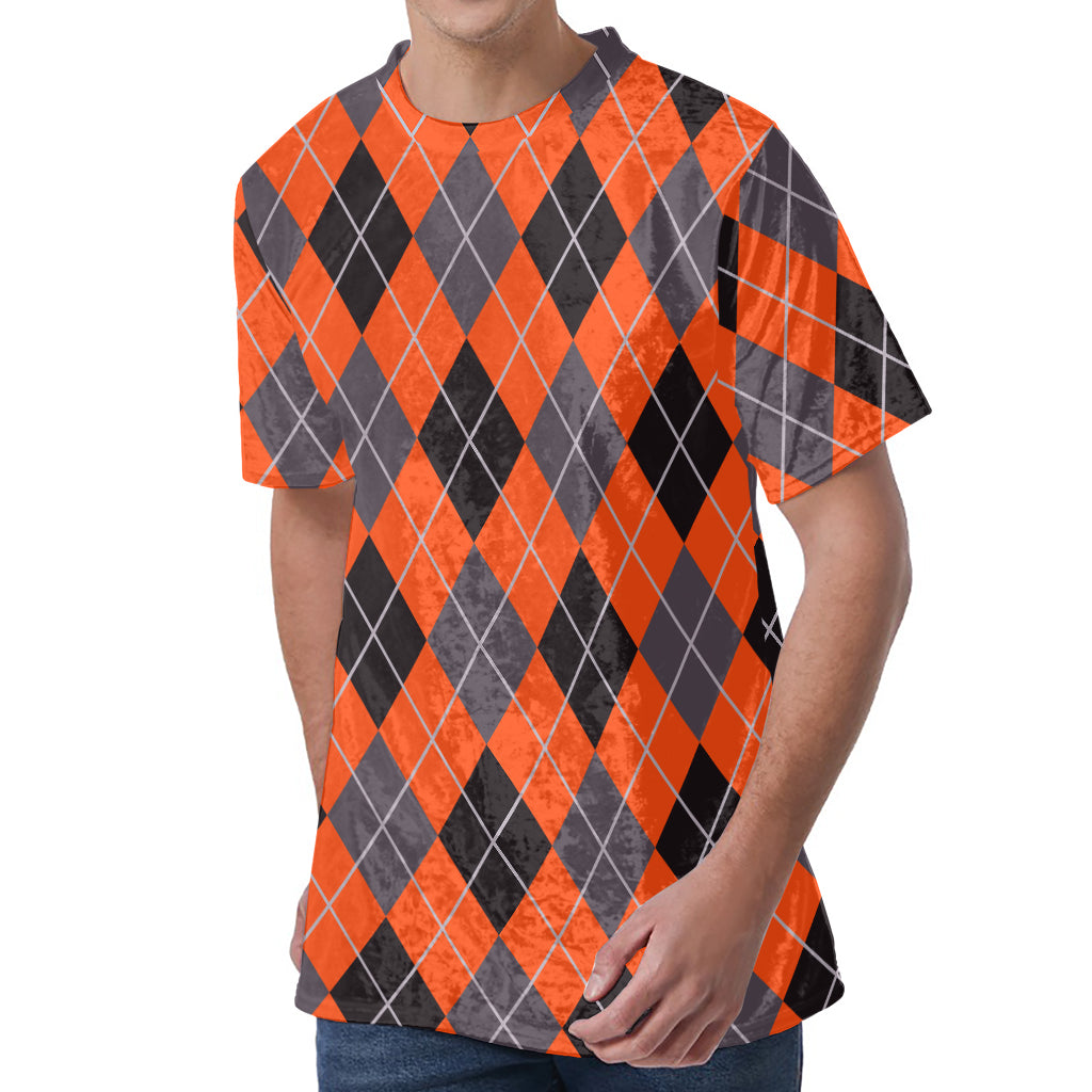 Orange And Grey Halloween Argyle Print Men's Velvet T-Shirt