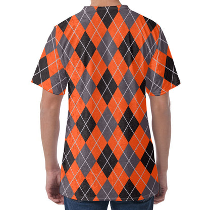 Orange And Grey Halloween Argyle Print Men's Velvet T-Shirt