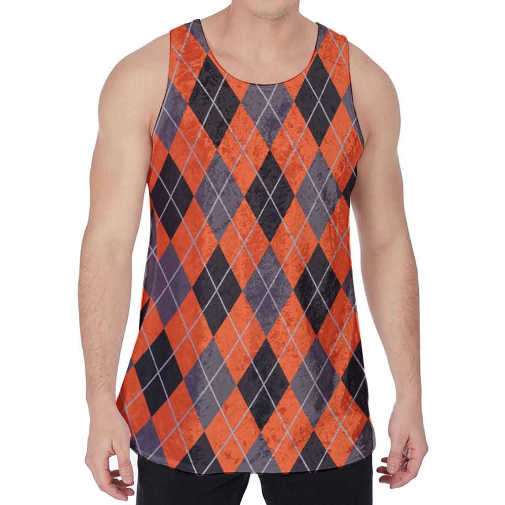 Orange And Grey Halloween Argyle Print Men's Velvet Tank Top