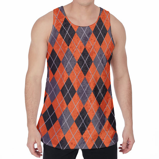 Orange And Grey Halloween Argyle Print Men's Velvet Tank Top